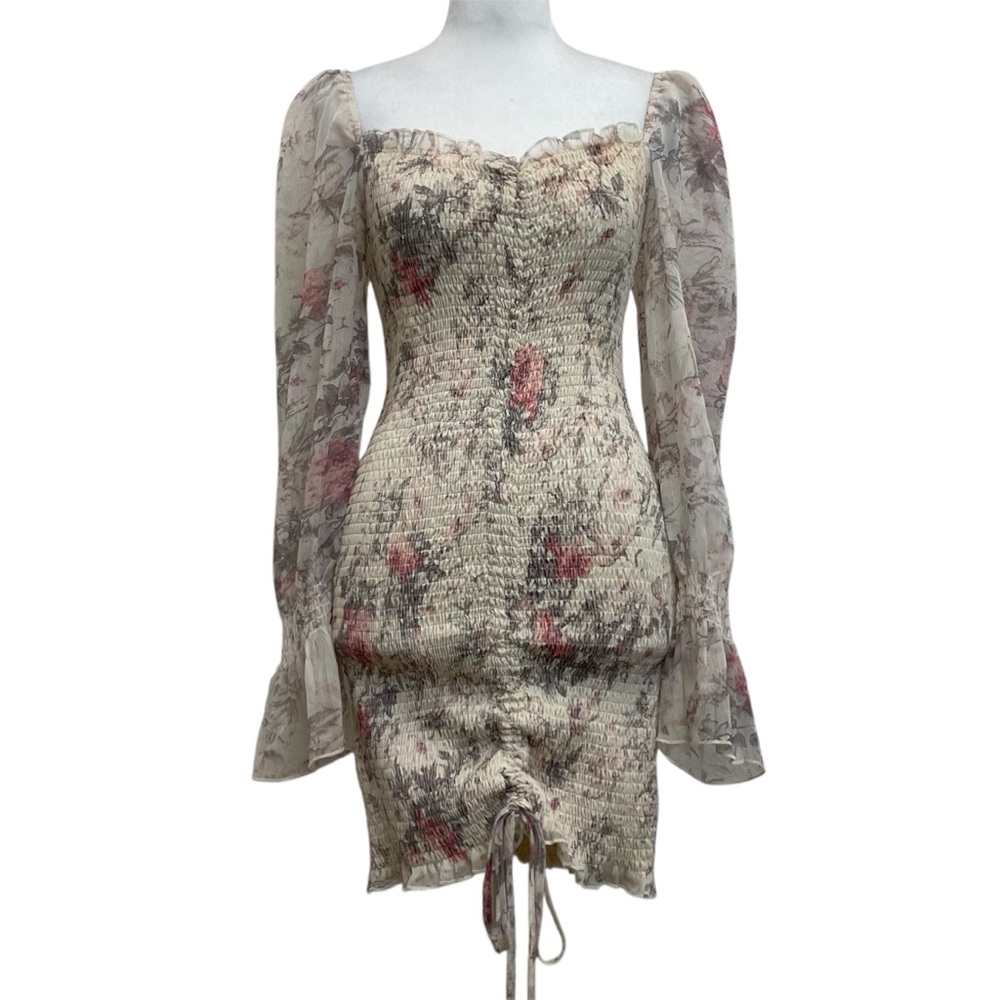 O. Vianca Cream Floral Smocked Chiffon Sleeve Mini Dress